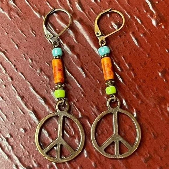 Hand Crafted Artisan Earrings Copper Peace Sign Hippie Boho Colorful # 184 - Picture 6 of 7